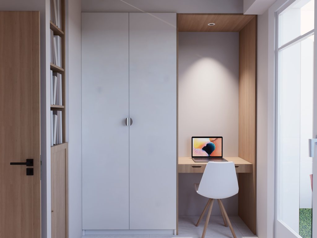 Aménagement de bureau sur mesure par Marie Woisard, architecte d’intérieur à Nice, optimisé pour le travail et l’esthétique.