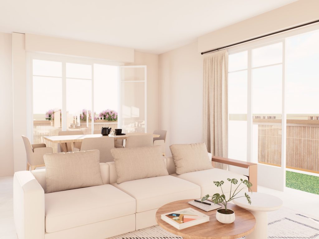 Optimisation de salon moderne par Marie Woisard, architecte d’intérieur à Nice, grâce à un aménagement sur mesure et des rangements intégrés.