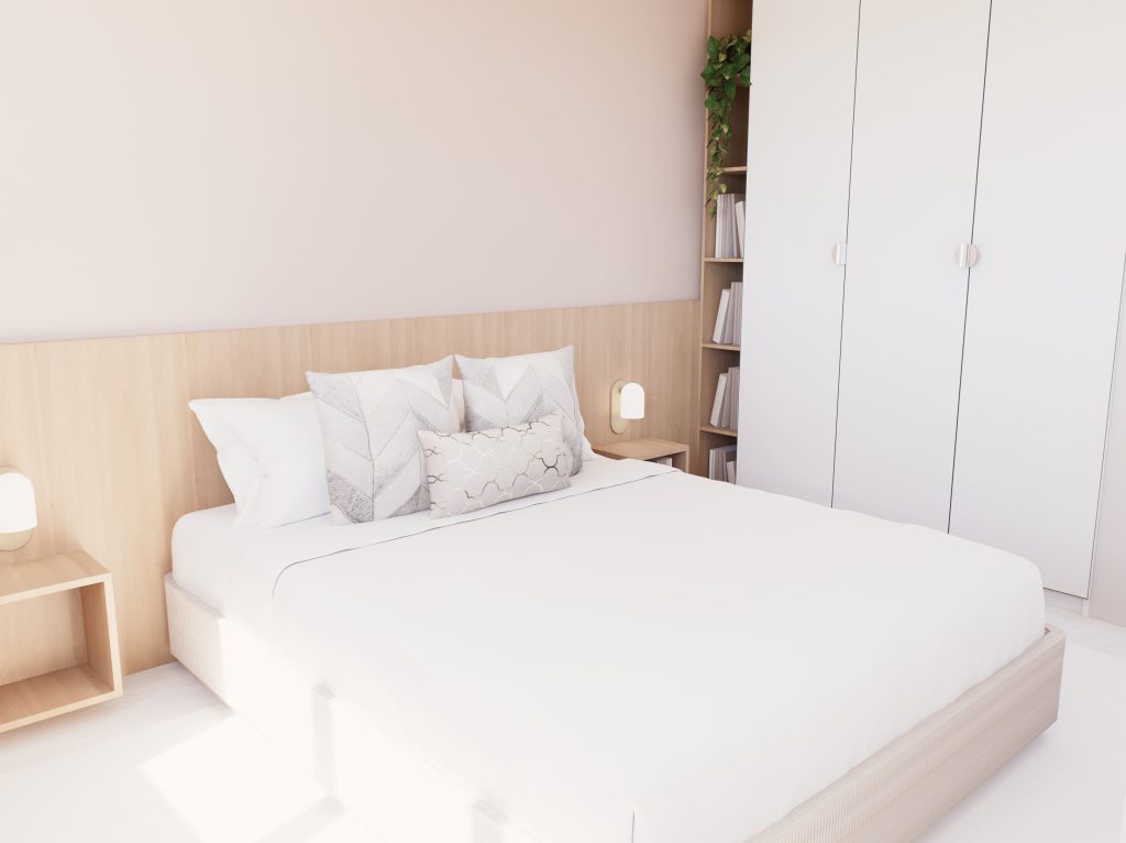 Transformation de chambre parentale par Marie Woisard, architecte d’intérieur à Nice, incluant dressing sur mesure et nouvelle organisation des volumes.