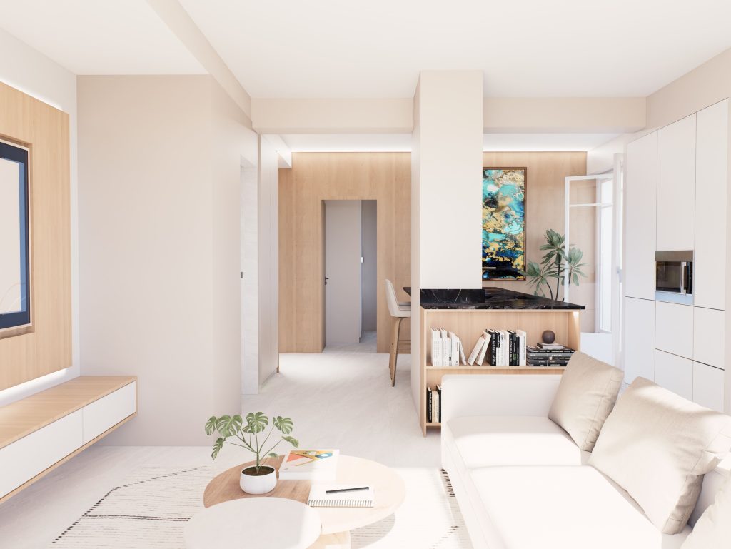 Optimisation de salon moderne par Marie Woisard, architecte d’intérieur à Nice, grâce à un aménagement sur mesure et des rangements intégrés.